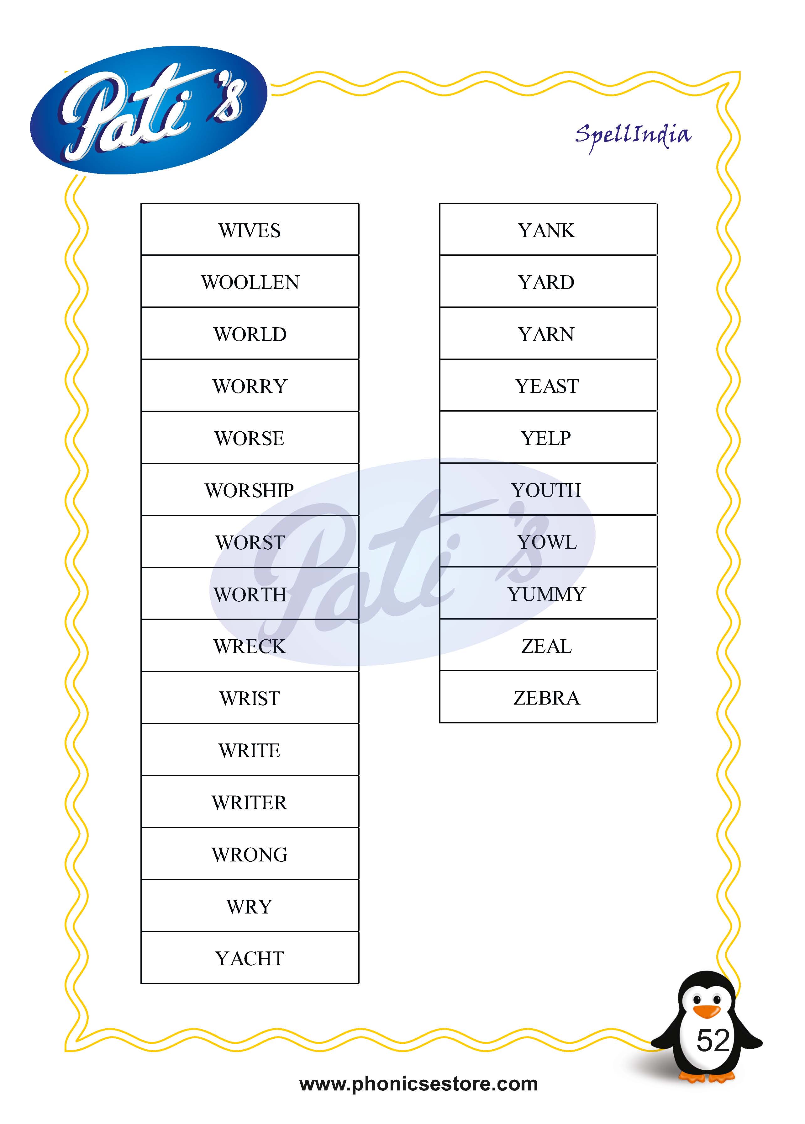 Pati Spelling Bee word list Class 2 Grade 2